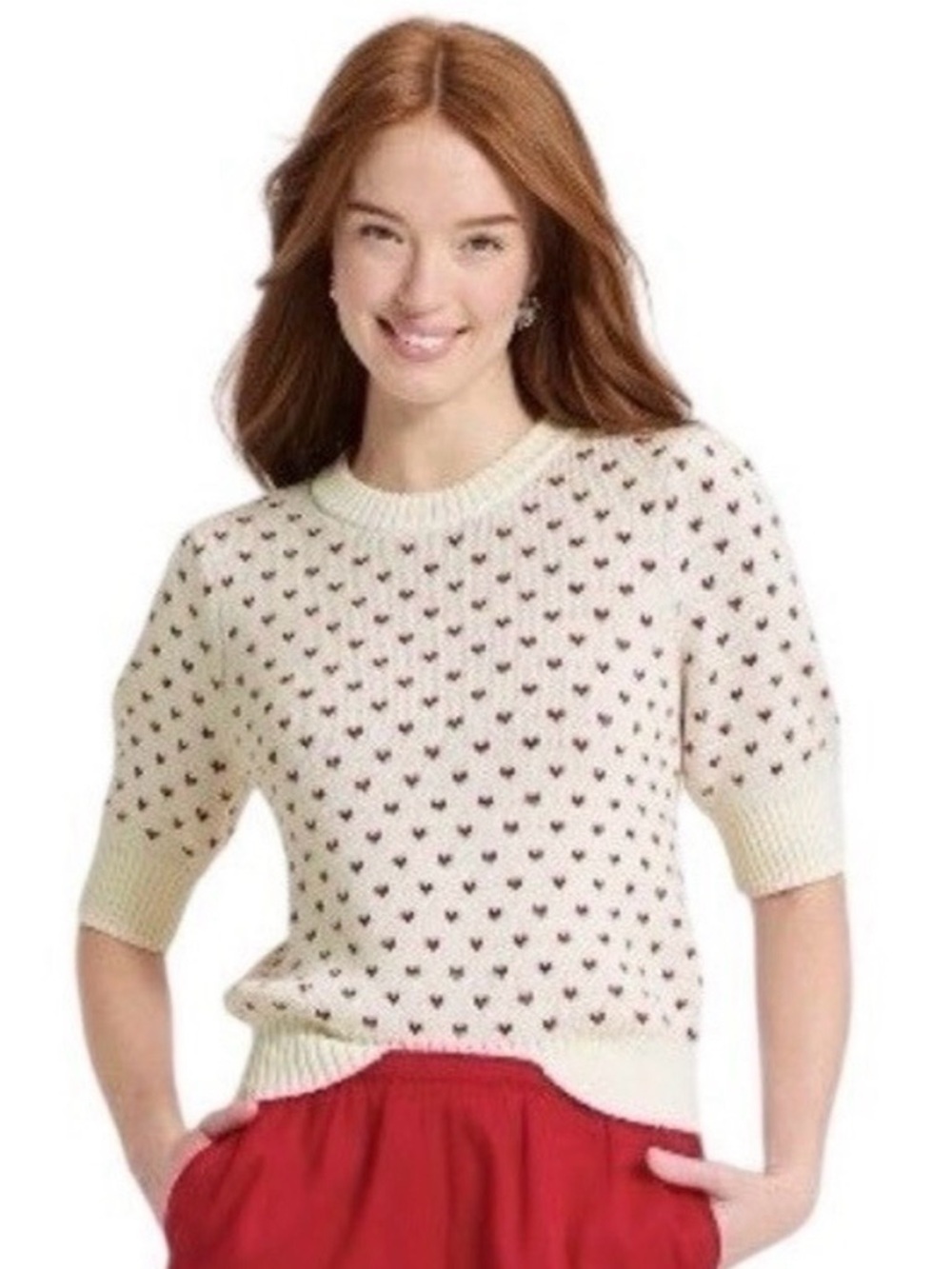 Tiny Hearts Sweater Cream Red 100% Cotton Knit Coquette Cottagecore Spring Small